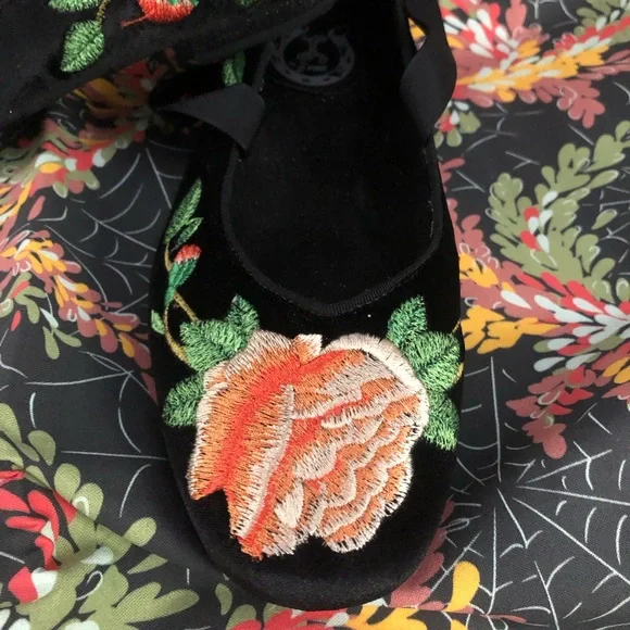 Miss L Fire Black Velvet Article Phoebe Embroidered Flat lace-up Ballet Shoes - Picture 2 of 3